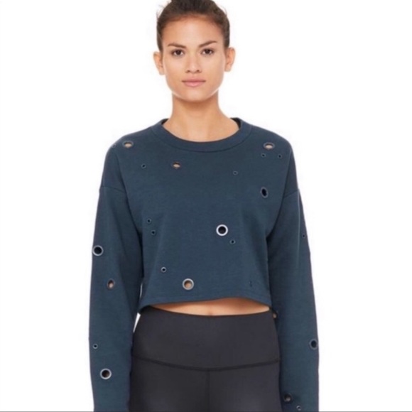 ALO Yoga Blue Candace Grommet Cropped Long Sleeves Pullover Sweatshirt Sz Small - Picture 1 of 4